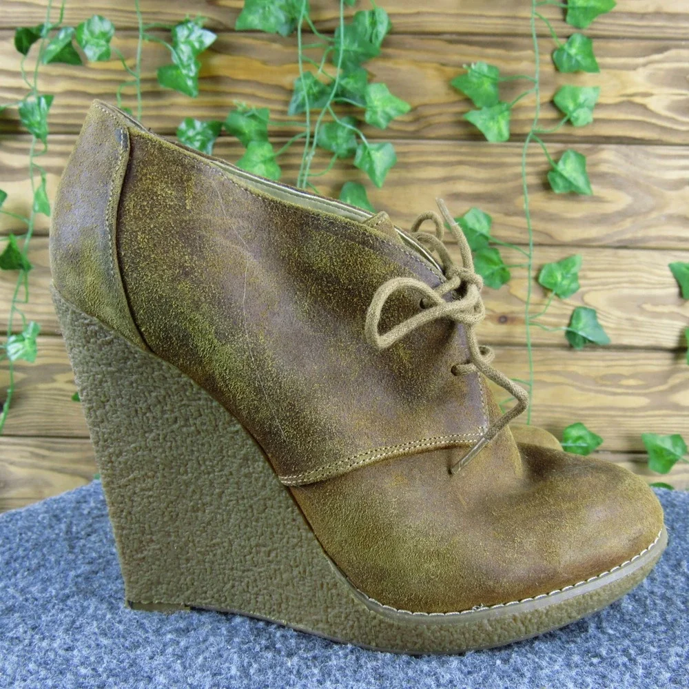Enzo Angiolini Flory Women 8 Brown Leather Lace Up Wedge Ankle Boots‎ Stylish